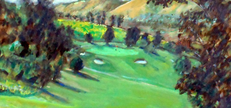 6TH HOLE  San Juan Hills Golf Course. San Juan Capistrano, Ca  water color  11″ x 15″