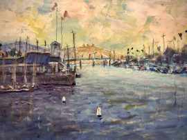 DAYS END  DANA POINT HARBOR     WATERCOLOR   12″ X 16″       7-12-2023