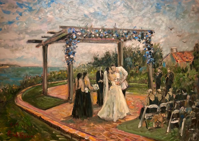 Lonni and Zach  Live Wedding Ceremony Painting from Terranea Resort  Rancho Palos Verdes Ca.  oil  30″ x 40″  5-19-2023