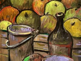 APPLES BOTTEL AND BOWLS         WATERCOLOR   12″ X 16″   9-25-2023