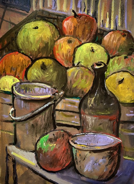 APPLES BOTTEL AND BOWLS         WATERCOLOR   12″ X 16″   9-25-2023