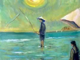 Sun Fishing      Gouache   13″ x 15″    9-7-2024