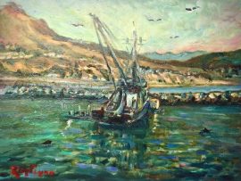 Boat in Dana Point Harbor     oil    16″ x 20″       1-11-2025