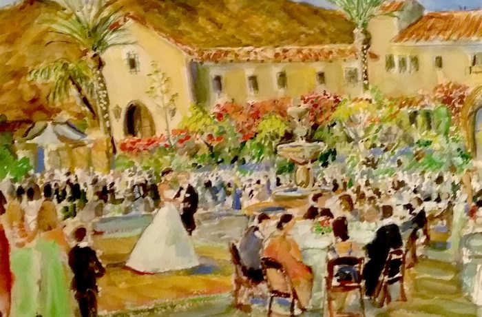 The Clement Wedding  Hummingbird Nest Ranch  Simi Valley Ca.  11″ x 16″ (Frist watercolor of a Live Wedding)  7-9-16