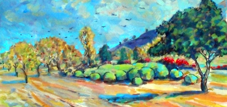Crows in flight San Juan Capistrano, Ca  water color 11″ x 15″