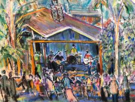 LIVE EVENT PAINTING    THE KENTUCKY PLAYBOYS   NEIGHBORHOOD  CONCERT  DANA POINT CA.  WATERCOLOR / PASTELS   14″ X 18″  SOLD  5-10-2020