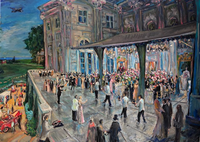 FINAL STUDIO VERSION  BIRTHDAY PARTY AT MARBLE HOUSE  NEWPORT RHODE ISLAND   OIL  30″ X 40″  9-6-2022