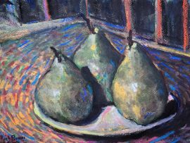 THREE PEARS   WATERCOLOR / PASTELS   11″ X 15″  1-9-2022