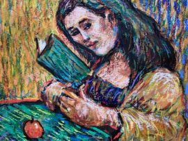 THE READER  WATERCOLOR? PASTELS  9′ X 16″  2-26-2020