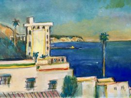 ROOFTOP VIEW   ROOFTOP LOUNGE    El Casa del Comino  Laguna Beach Ca.   Gouache   12″ x 15″  8-27-2024