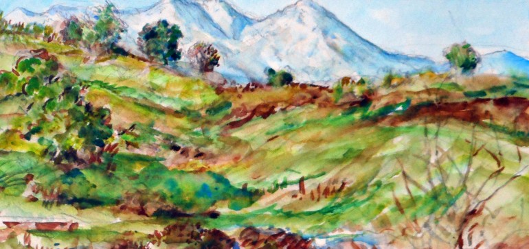 SNOW ON THE HILLS. SADDEL BACK MOUNTAIN, CA  WATER COLOR 15″ X 11″