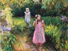 TWO SISTERS IN THE GARDEN       GOUACHE    13″ X 15″    9-26-2024