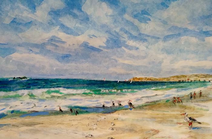 A DAY AT THE BEACH WITH VIN SCULLY”S LAST BROADCAST.  watercolor  San Clemente State Park Beach  12″ x 15″  10-2-16