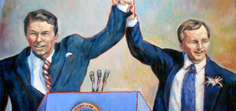 Prisedent Ronald Reagan & Governor Pete Wilson Commissioned by the FORR (Friends of Ronald Reagan) Foundation To Honor Former Governor Pete Wilson oil 30″ x 40″