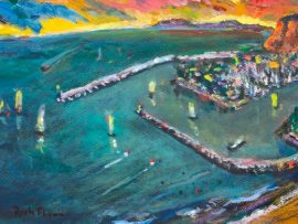 DANA POINT HARBOR VIEW IMAGINED   WATERCOLOR / PASTELS   11″ X 15″ 1-12-2022