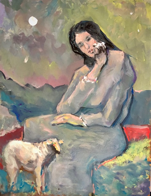 Lady and Lamb       watercolor   16″ x 12″     12-12-2023