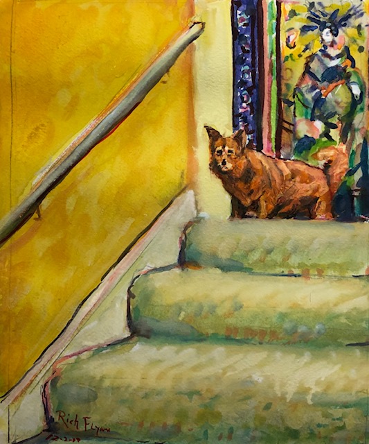 Molly Dog on the Stairs   watercolor    12″ x 14″ 12-19-19