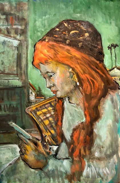 ON THE PHONE   WATERCOLOR  12″ X 18″  12-7-2022
