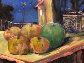 STILL LIFE  APPLES AND RADIO   WATERCOLOR  12″ X 18″  11-4-2022