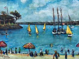 Yellow sails   Dana Point Harbor       watercolor     12″ x 15″    6-2-2024