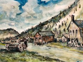 THE ARRIVAL   Bannack Montana  1898  from family photos   watercolor  12″ x 16″  2-8-2023