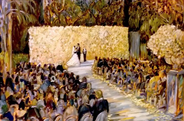 THE COHEN SMITH WEDDING CEREMONY    BEVERLY HILLS HOTEL  Ca.    oil 30″ x 40″  7-15-17
