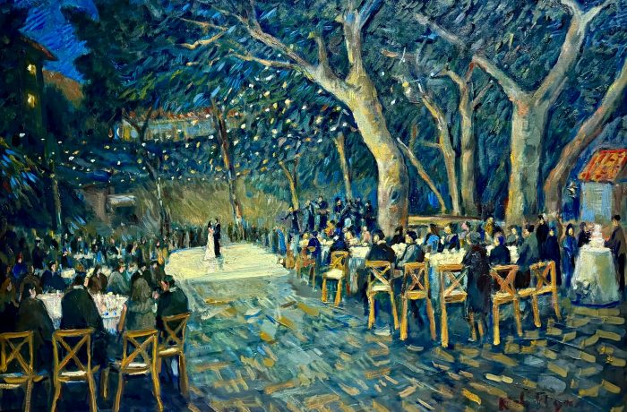 Ben and Yeil’s   Wedding Reception Brentwood Oaks   Santa Monica  reimagined   oil  30″ x 40″