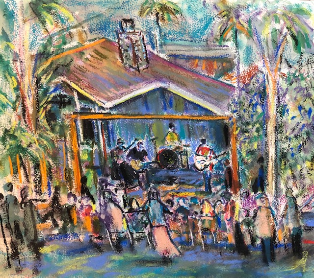 LIVE EVENT PAINTING    THE KENTUCKY PLAYBOYS   NEIGHBORHOOD  CONCERT  DANA POINT CA.  WATERCOLOR / PASTELS   14″ X 18″  SOLD  5-10-2020
