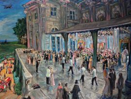 FINAL STUDIO VERSION  BIRTHDAY PARTY AT MARBLE HOUSE  NEWPORT RHODE ISLAND   OIL  30″ X 40″  9-6-2022