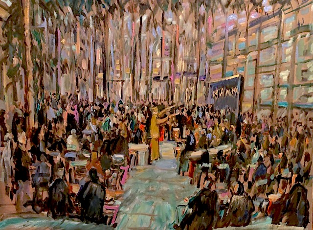 NAMM  CONVENTION DRUM CIRCLE    ANAHEIM CA.  ONE AND A HALF HOUR VERSION   OIL  30″ X 40″   1-17-2020 TO BE GIFTED TO THE CEO OF NAMM BY THE CITY OF ANAHEIM