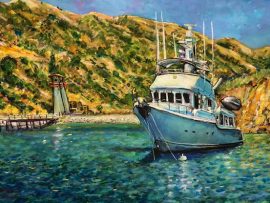 OUTWARD BOUND IN CHERRY COVE    SANTA CATALINA ISLAND CA.   CUSTOM COMMISSION  FROM PHOTO   WATERCOLOR   12″ X 18″ 12-7-2020
