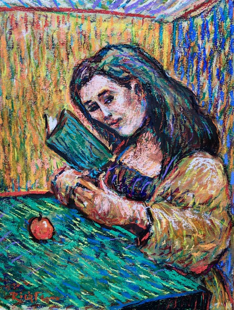 THE READER  WATERCOLOR? PASTELS  9′ X 16″  2-26-2020