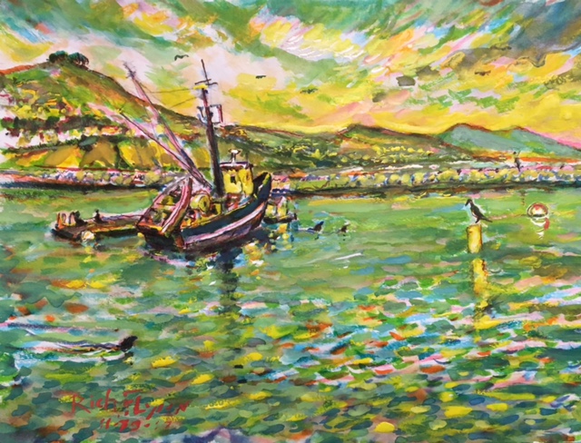 BOAT & SEALS  DANA POINT HARBOR Ca.  watercolor  9″ x 12″ 11-30-17