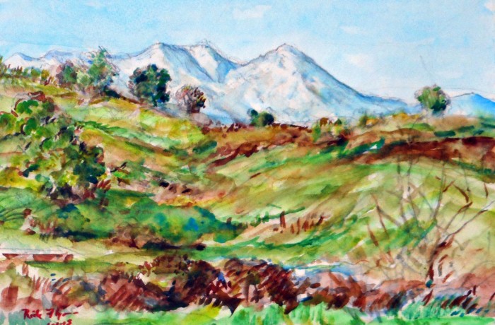SNOW ON THE HILLS. SADDEL BACK MOUNTAIN, CA  WATER COLOR 15″ X 11″