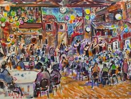 Stan & Tara Freeze’s Birthday Party     Angalo’s and Vinci’s Restaurant  Fullerton Ca  Son’s Josh & Jason Freeze Playing in the Band   A first using watercolor Pens for a Live Event  12″ x 18″ 8-18-19