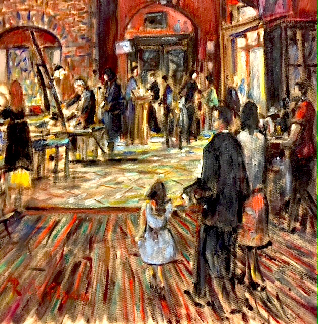 Artist Jack Rutherford at the Easel   oil  12″ x 12″  Cafe’ Tu Tu Tango  Outlets of Orange. Ca.  5-19-18