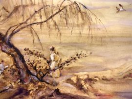 ON A MOUNTAIN PATH IN SPRING   WATERCOLOR   12″ X 16″  After Ma Yuan  1160-1225    3-30-2023