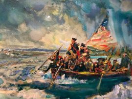 Washington Crossing the Delaware  Watercolor  12″ x 16″ 2-20-2023  Original painted by Emanuel Leutze  1850