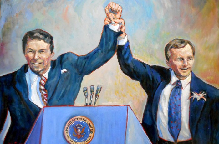 Prisedent Ronald Reagan & Governor Pete Wilson Commissioned by the FORR (Friends of Ronald Reagan) Foundation To Honor Former Governor Pete Wilson oil 30″ x 40″